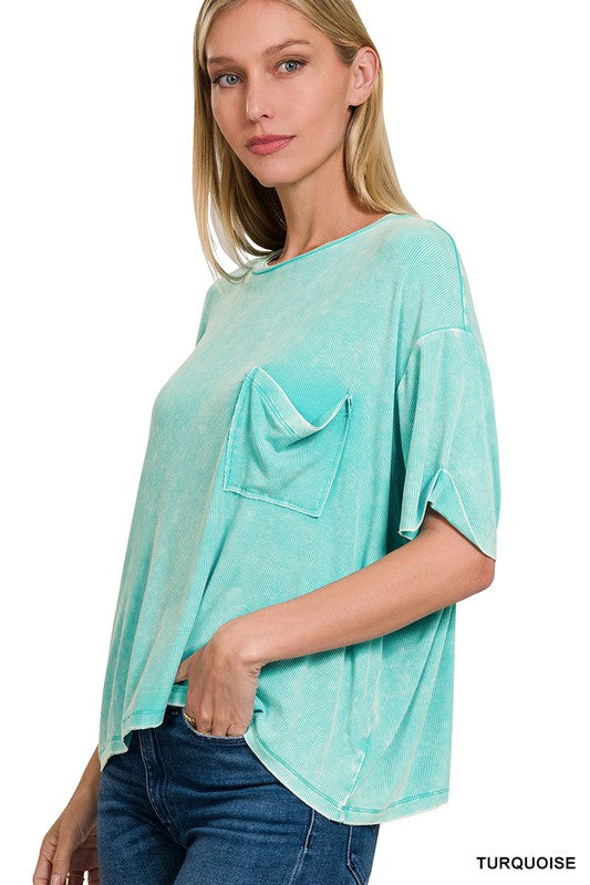 Washed Ribbed Cuffed Short Sleeve Round Neck Top