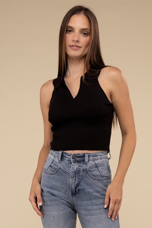 Sleeveless Collared Crop Knit Top